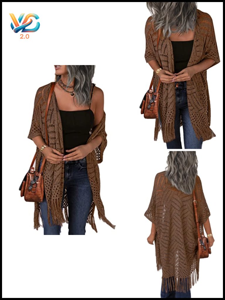 Crochet Open Front Cardigan Tassel Kimono Lightweight Knit Sweater